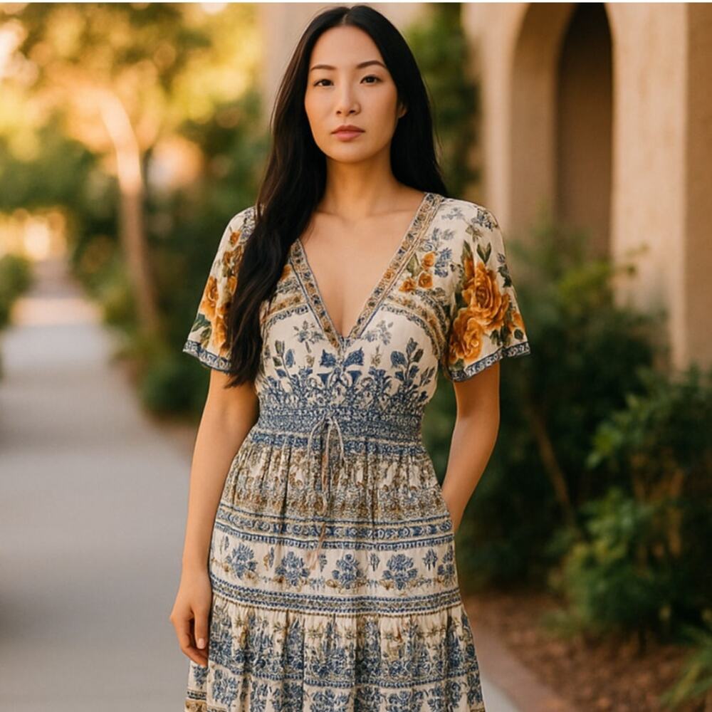 Farm Rio Blue Floral Tapestry Tie Waist Short White Sleeve Dress